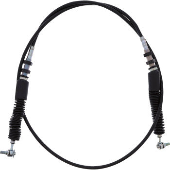 The Polaris Ranger Shift Cable by All Balls features a black PVC jacket, metal connectors, rubber boots on both ends, and a steel inner casing, arranged in a loose circle against a white background.