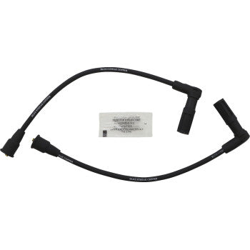 Two Indian Spark Plug Wires - 8 mm by Blue Streak, each featuring angled connectors at both ends, are placed parallel with a small packet between them on a plain white background.