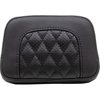 The Squareback Sissy Bar Pad - Black - Diamond Stitch by Mustang features a quilted, diamond-stitched synthetic leather front and rounded edges. Its a perfect accessory for your Indian Chief sissy bar pad.