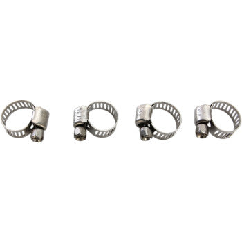 Four Clamp Hose Stainless Steel 7-17 mm by Moose Offroad are arranged in a row on a white background. Each of the 4 clamps features adjustable screws and a low-profile design.