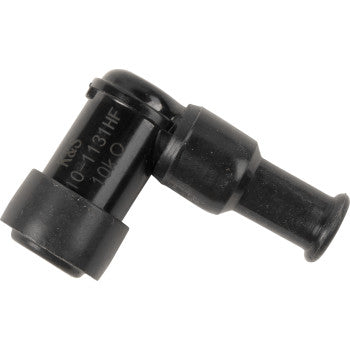 The Spark Plug Resistor Cover by Moose Offroad is a black L-shaped cap with side text, designed to connect a spark plug to an ignition wire for reliable performance and durability.