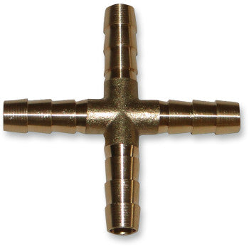 The Helix Hose Splicer 4 Way 1/4 is a brass fitting with four barbed ends in a cross shape, ideal for connecting fuel or air lines.