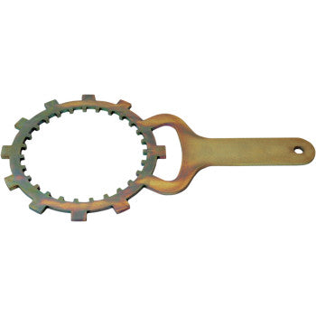 The Honda Clutch Basket Holding ToolFork by Ebc is a metal tool with a flat handle and circular, notched head, designed for securely holding clutch baskets or gripping round objects like clutch retainer bolts during removal.