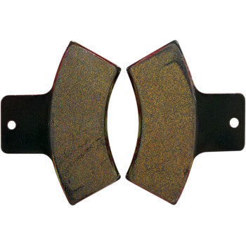 Pair of curved sintered brake pads with black metal backing plates and textured friction surfaces.