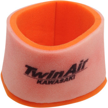 The Kawasaki Standard Air Filter by Twin Air is an orange and pink dual-stage, cylindrical filter with "Twin Air Kawasaki" in black on the front. Its open-top, cone-like design ensures optimal airflow and superior engine protection.