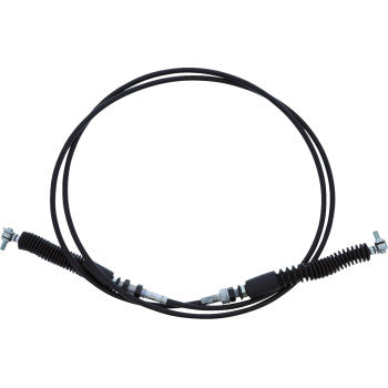 The Polaris Ranger Shift Cable by All Balls features a steel inner casing, black PVC outer jacket, metal ends, and protective rubber sleeves. Coiled in a loose loop against a white background, it ensures reliable shifting performance.