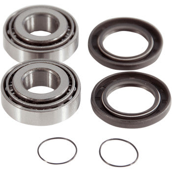 The Swingarm Repair Kit by Epi includes two metal ball bearings, two black rubber seals, and two thin snap rings—an ideal OEM-quality replacement set for your equipment.