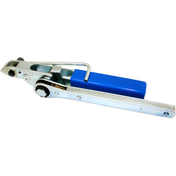 The CV Boot Banding Tool Ratchet by Epi features a metal toggle clamp with a long handle and blue rubber grip to securely hold objects in place during work or assembly.
