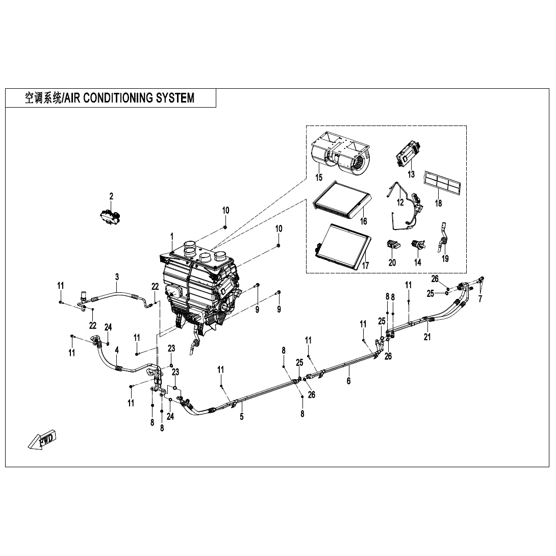 An Image of a Genuine CFMOTO Parts Schematic Diagram showing the schematic - AIR CONDITIONING SYSTEM - 2025 CFMOTO UFORCE U10XL PRO HIGHLAND