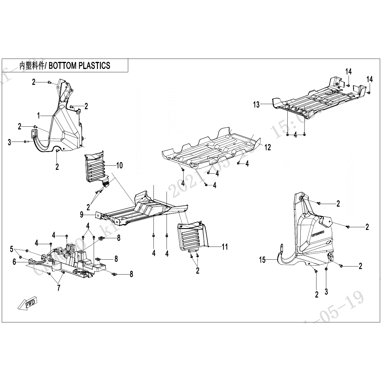 An Image of a genuine CFMOTO Parts Schematic Diagram showing the group - BOTTOM PLASTICS - 2024 CFMOTO CFORCE 600 TOURING