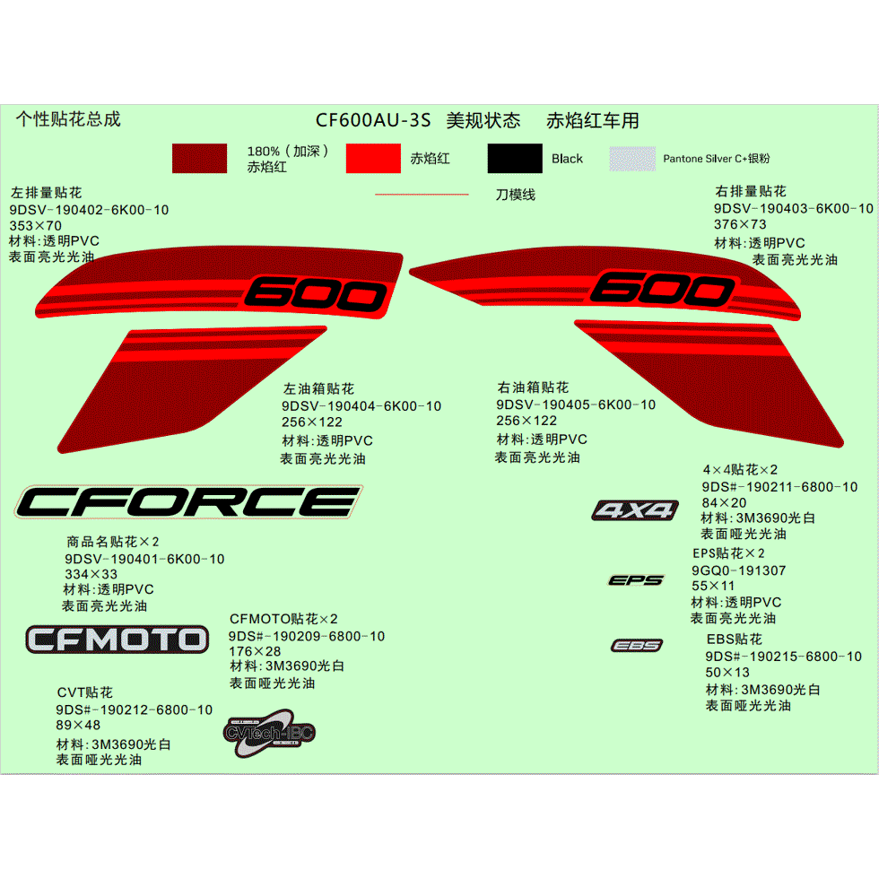 An Image of a genuine CFMOTO Parts Schematic Diagram showing the group - DECAL KIT (FORCE RED) - 2022 CFMOTO CFORCE 600
