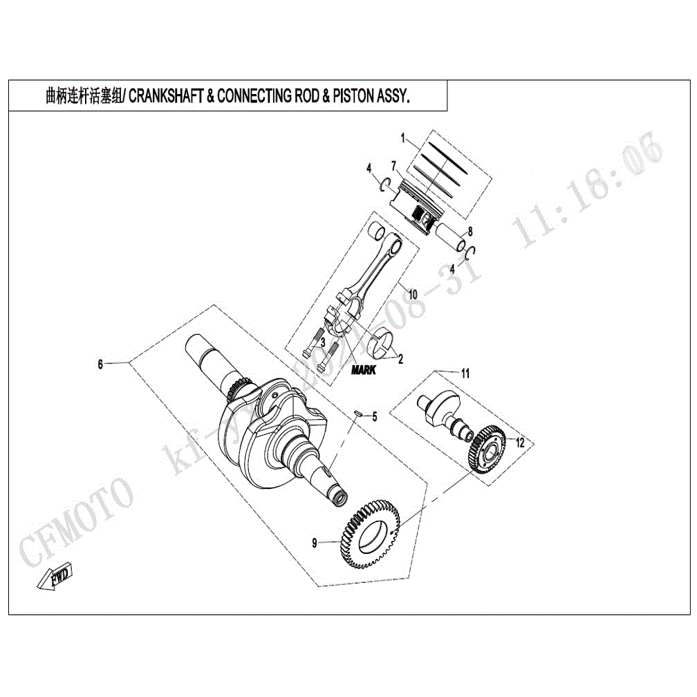 An Image of a genuine CFMOTO Parts Schematic Diagram showing the group - CRANKSHAFT & CONNECTING ROD & PISTON ASSY. - 2021 CFMOTO CFORCE 400