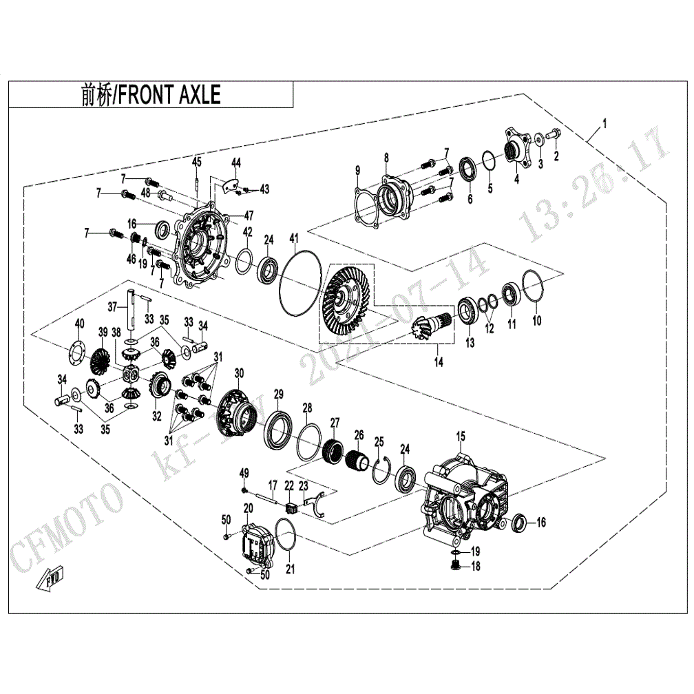 An Image of a Genuine CFMOTO Parts Schematic Diagram showing the schematic - FRONT AXLE - 2022 CFMOTO UFORCE 600
