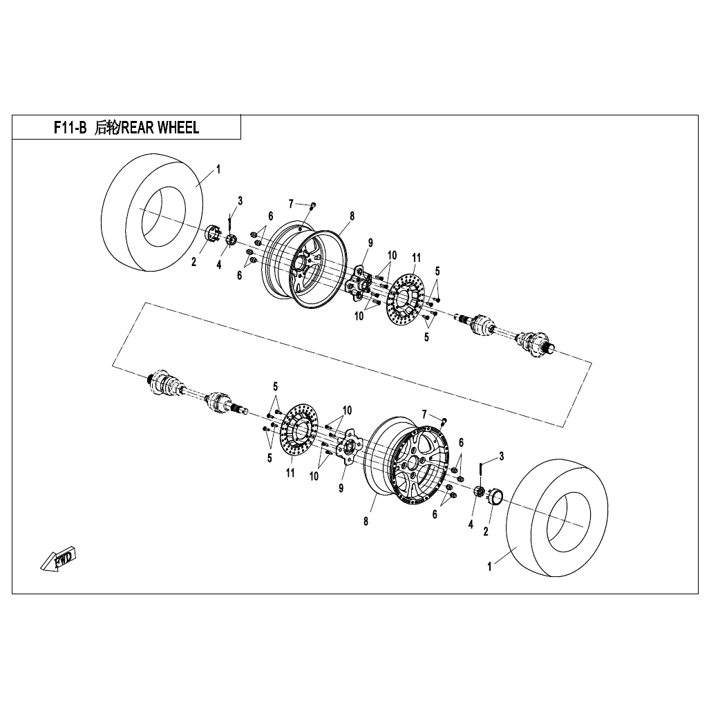 An Image of a Genuine CFMOTO Parts Schematic Diagram showing the schematic - REAR WHEEL - 2020 CFMOTO ZFORCE 800 Trail