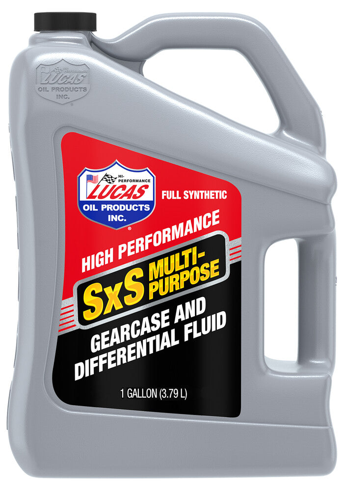 A 1-gallon gray plastic container of SxS UTV/ATV Gear Case Oil 1Gal by Lucas Oil, featuring a red, black, and yellow label that highlights its full synthetic formula with high performance and heavy duty anti-wear lubricity agents.