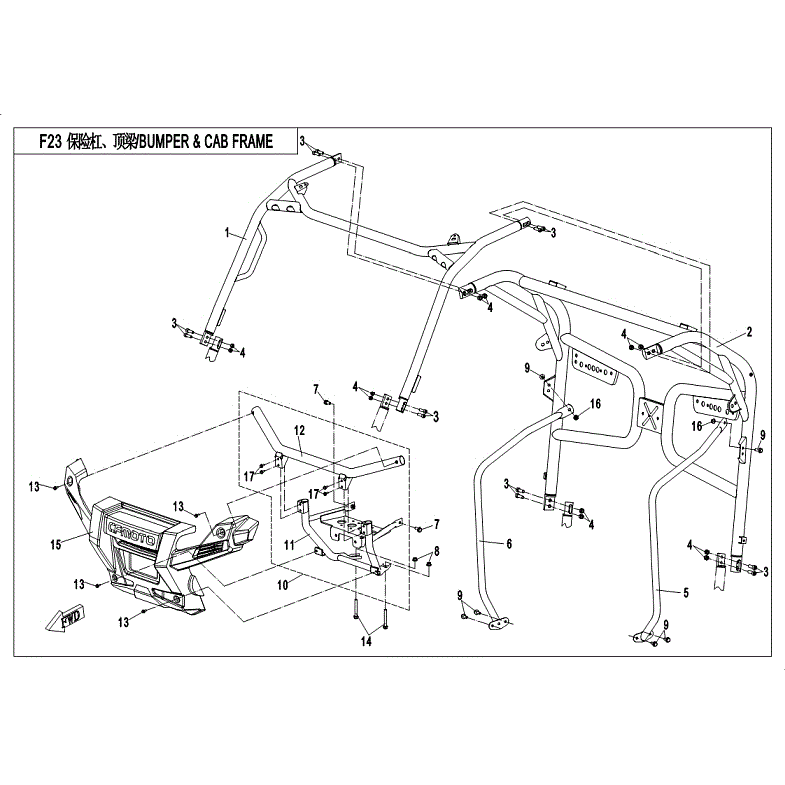 An Image of a Genuine CFMOTO Parts Schematic Diagram showing the schematic - BUMPER & CAB FRAME - 2018 CFMOTO UFORCE 500