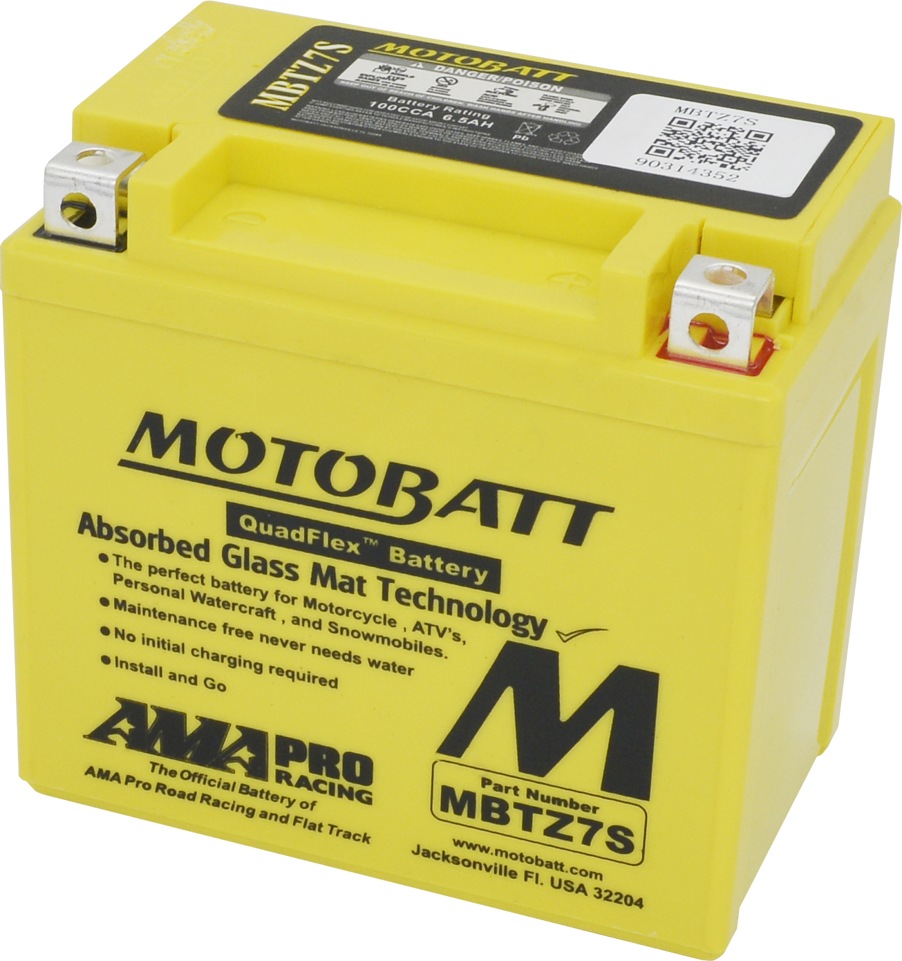The Mbtz7S Sealed Factory Activated AGM Battery by MotoBatt is a yellow motorcycle battery with metal terminals, brand logos, usage info, a QR code on top, and features superior starting power.