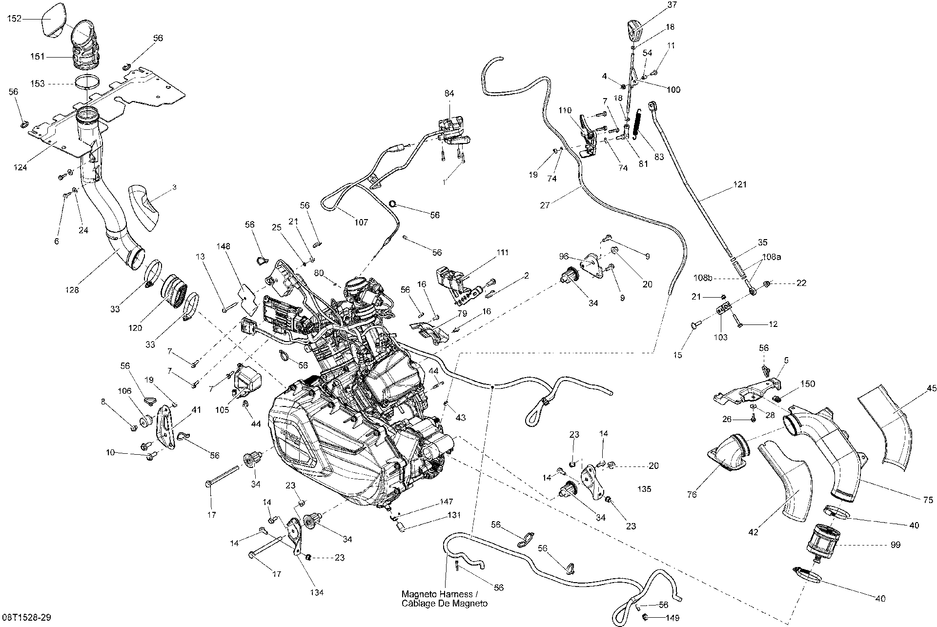 An Image of a Genuine Can-Am Parts Schematic Diagram showing the schematic - ENGINE AND ENGINE SUPPORT _08T1528