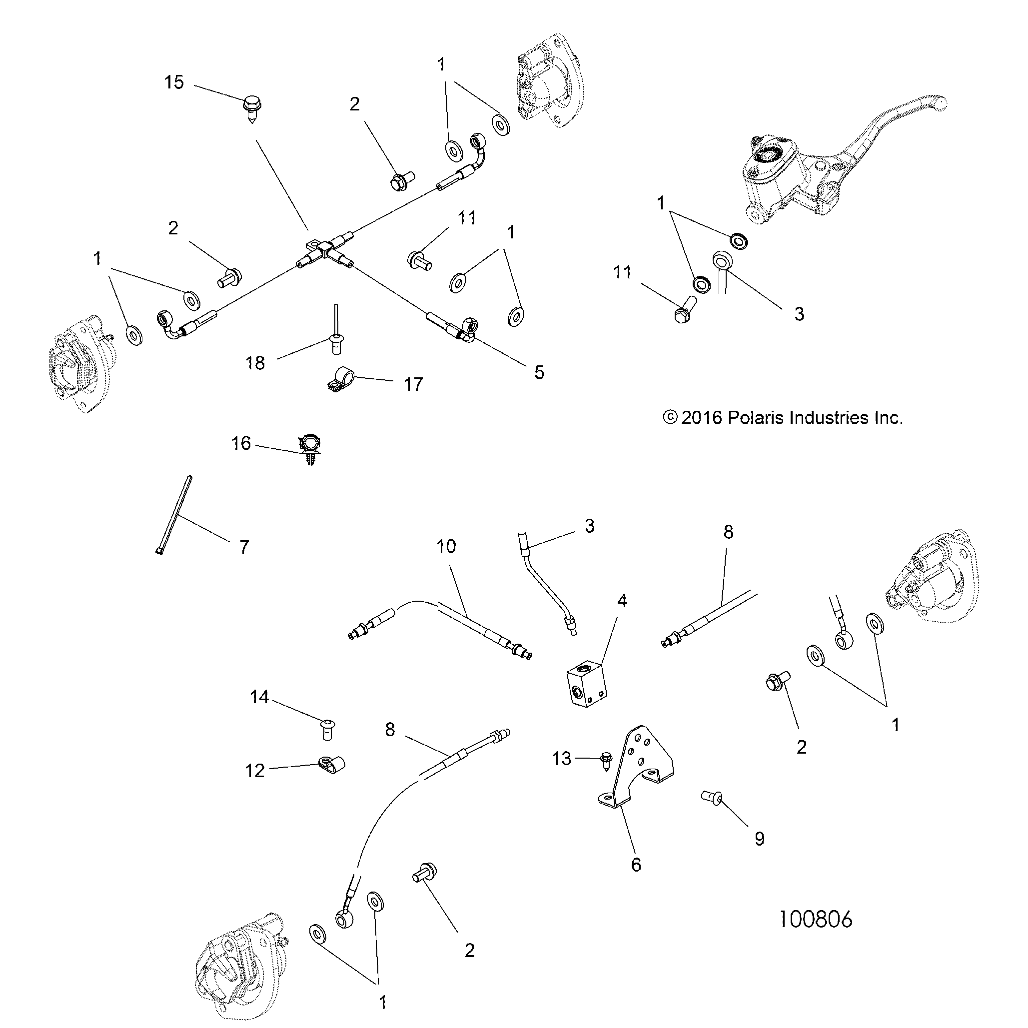 An Image of a Genuine Polaris Parts Schematic Diagram showing the schematic - BRAKES: BRAKE LINES - 2017 POLARIS SPORTSMAN XP 1000