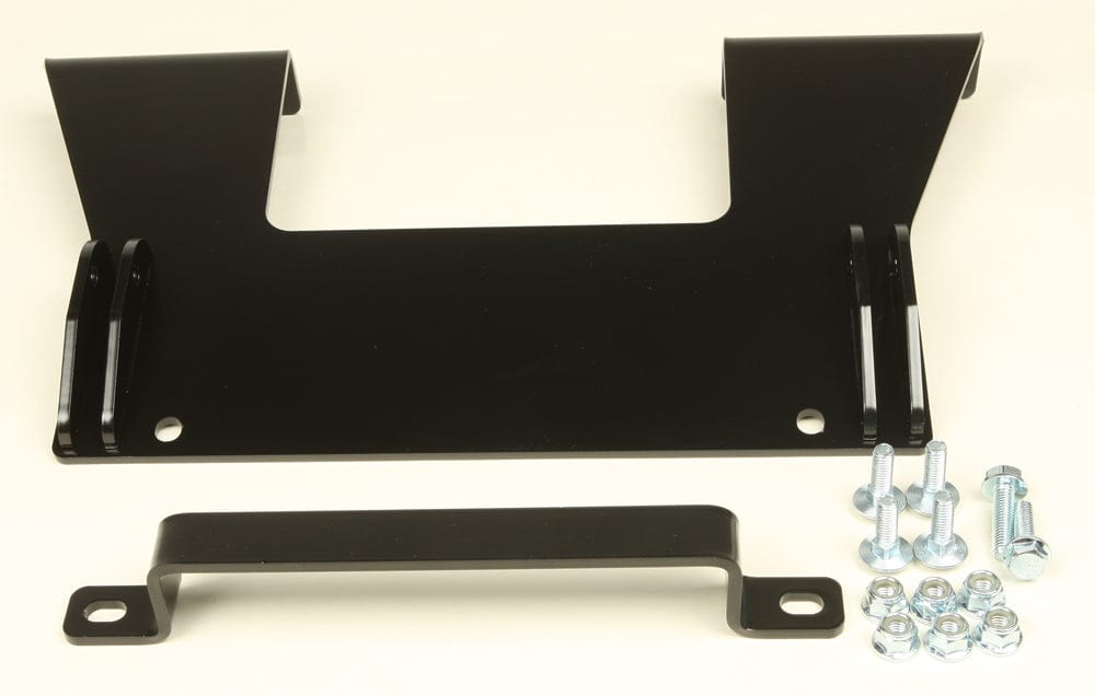 The Provantage Center Snow Plow Mid-Mounting Kit By Warn features a black metal ATV plate, a separate smaller bracket, and multiple silver bolts, nuts, and washers—ideal for plowing with optimal ground clearance.