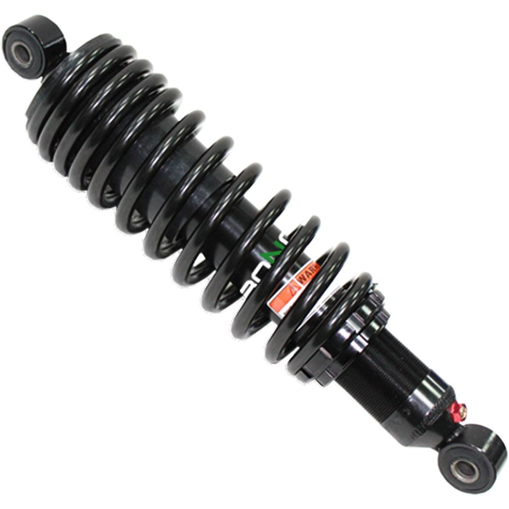 Black coilover shock absorber with a tightly wound spring, metal mounting loops, and an orange warning label—perfect as the Honda Foreman 4x4 UTV/ATV Front Gas Shock by Bronco, shown against a white background.