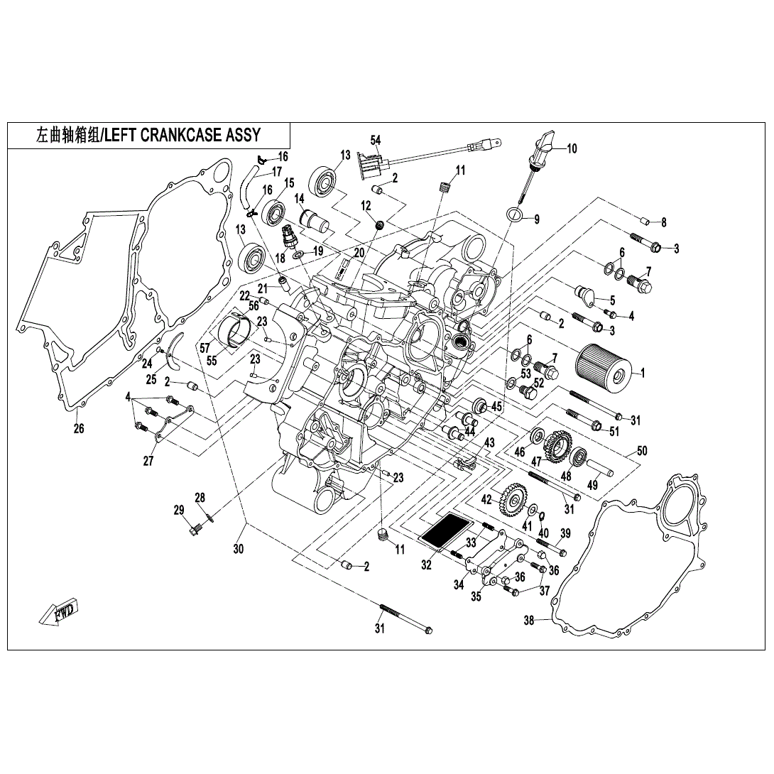An Image of a Genuine CFMOTO Parts Schematic Diagram showing the schematic - LEFT CRANKCASE ASSY - 2024 CFMOTO ZFORCE 800 Trail