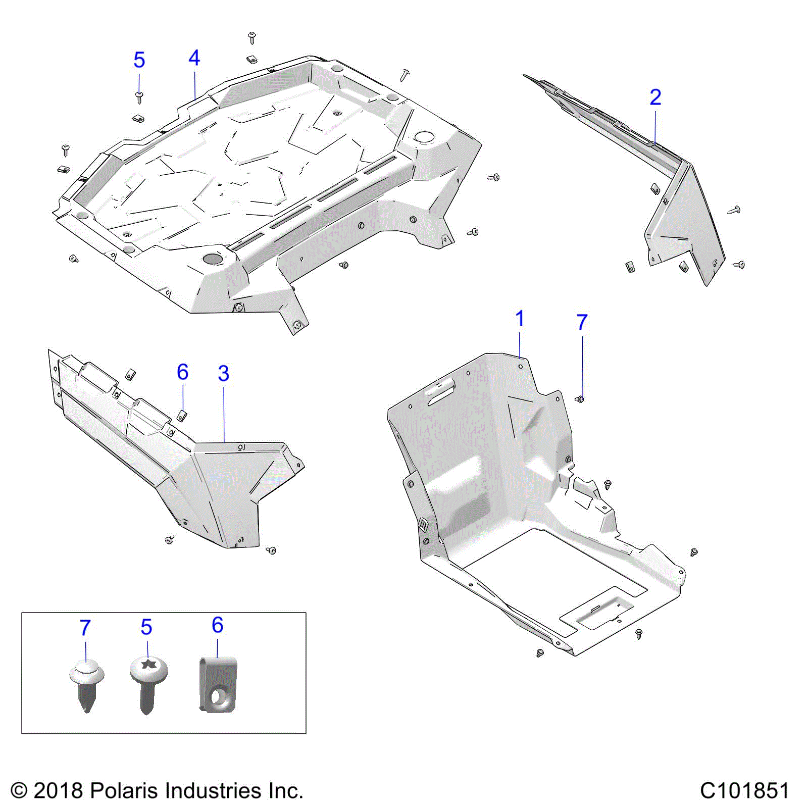 An Image of a Genuine Polaris Parts Schematic Diagram showing the schematic - BODY: BOX AND REAR FENDERS - 2019 POLARIS ACE 150 EFI INDY