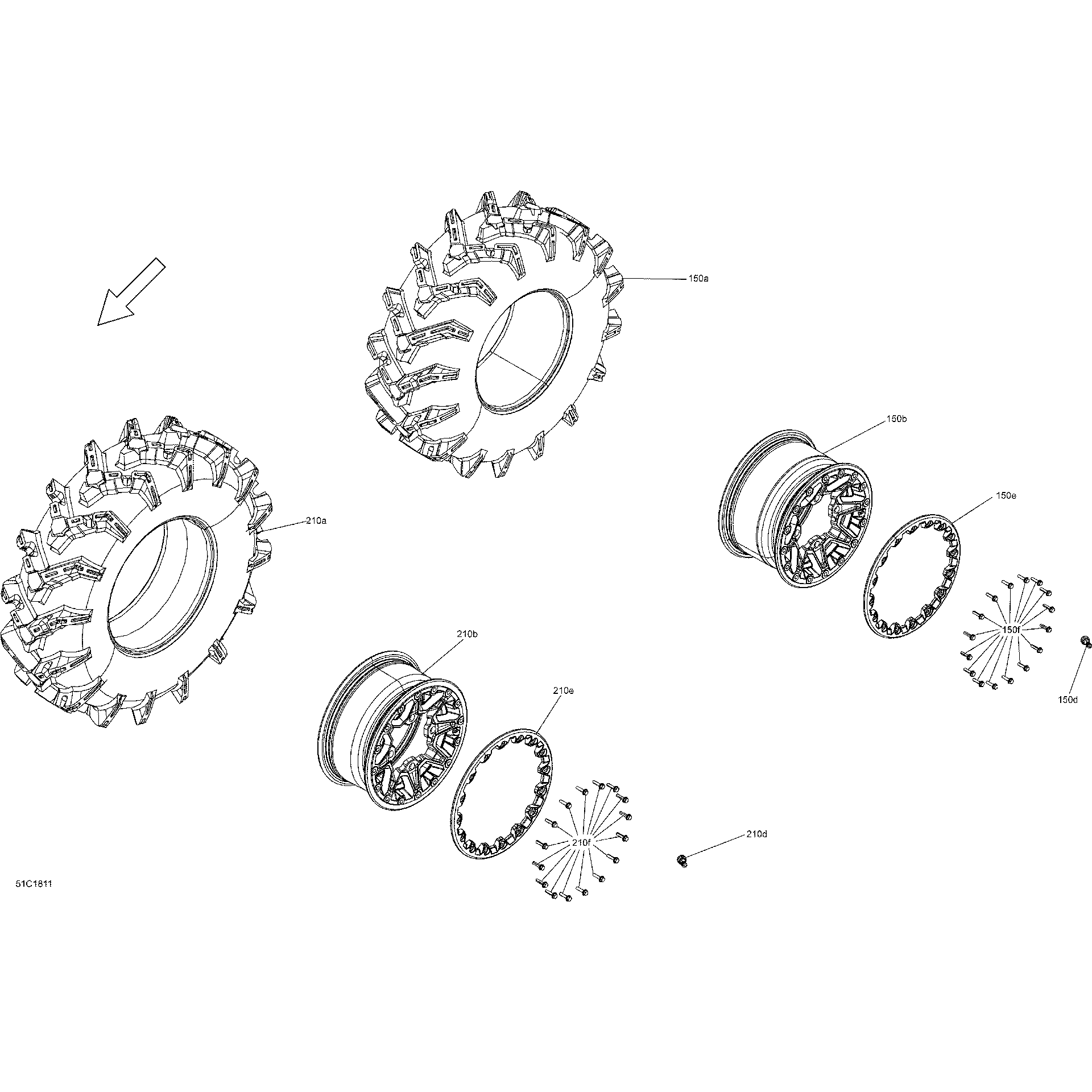 An Image of a Genuine Can-Am Parts Schematic Diagram showing the schematic - WHEELS AND TIRES - FRONT AND REAR - PACKAGE X MR