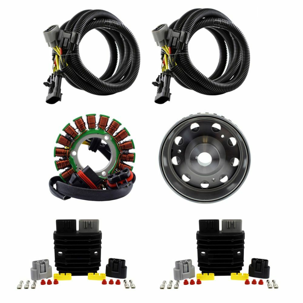 Set of two black cables with connectors, circular copper coil stator, round metal flywheel, and two black heat sink.