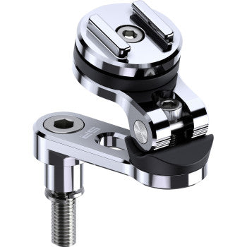The Phone Mount Pro Handlebar Clamp Chrome by Sp Connect is a shiny, metallic adjustable bracket with a swiveling head, two pivot points, a base bolt, and slotted round top plate for securely attaching devices to handlebars.