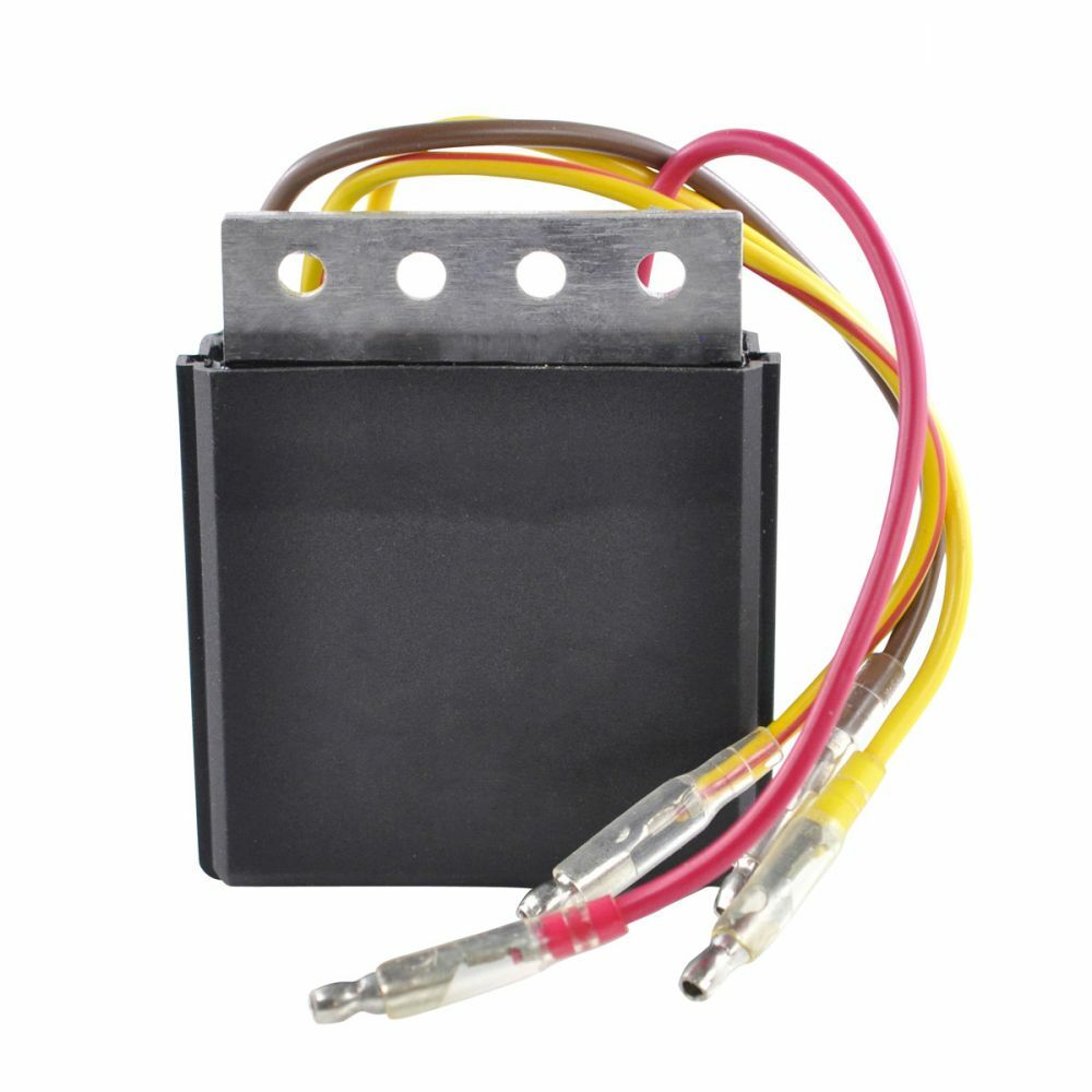 Black rectangular regulator unit with metal mounting plate and three attached colored wires ending in metal connectors.