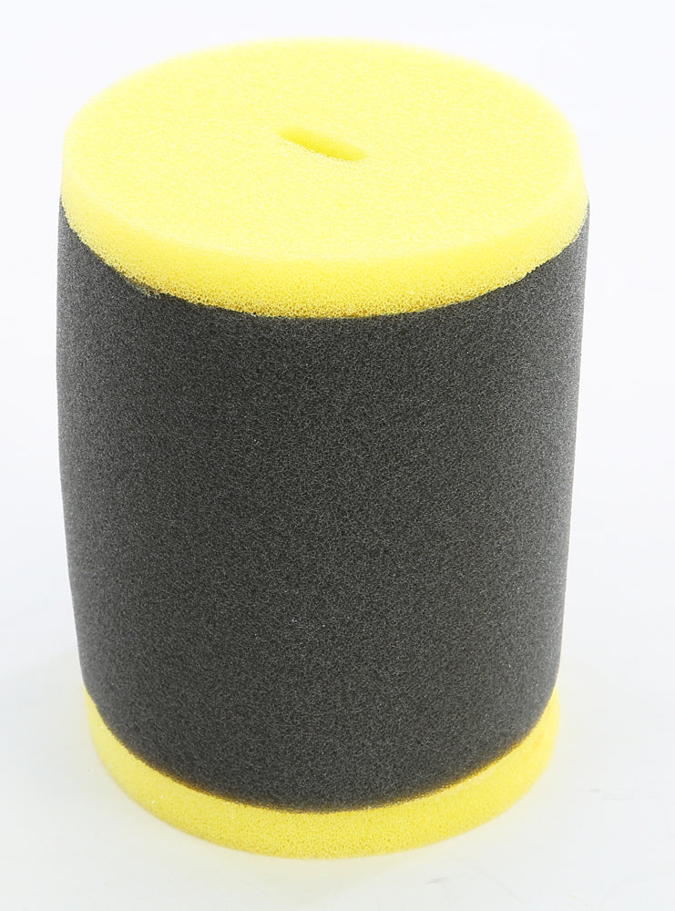 The EMGO Suzuki Quadrunner / King Quad Air Filter is a cylindrical filter with a yellow top and bottom, a dark gray middle, OEM quality, and a small slit on the top surface.