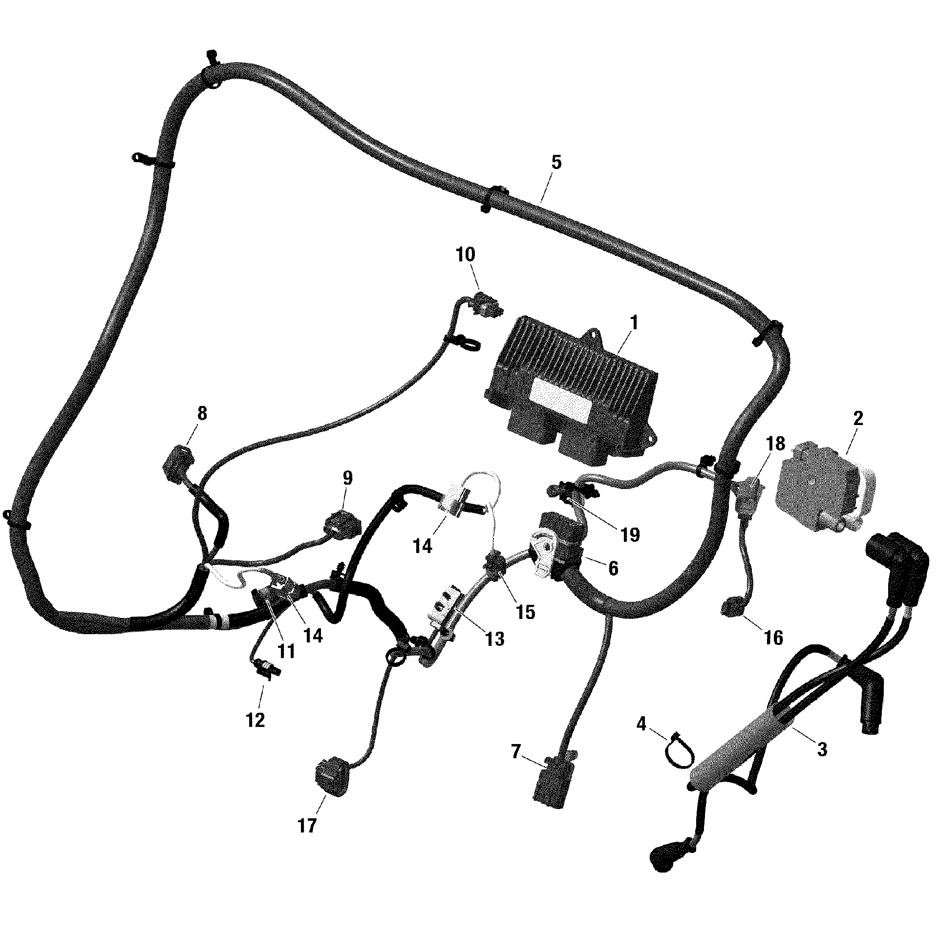 An Image of a Genuine Can-Am Parts Schematic Diagram showing the schematic - ROTAX - ENGINE HARNESS AND ELECTRONIC MODULE MAVERICK