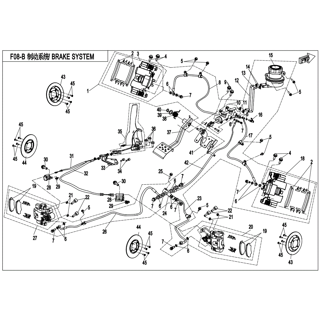 An Image of a Genuine CFMOTO Parts Schematic Diagram showing the schematic - BRAKE SYSTEM - 2020 CFMOTO UFORCE 800