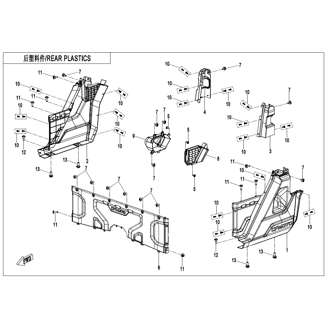 Exploded diagram of the CF Moto Rear Upper LH Panel for ATV off-road vehicles, with labels, part numbers, assembly steps, and English/Chinese text. Includes side panels, rear guard, and OEM parts—all parts are clearly numbered for reference.