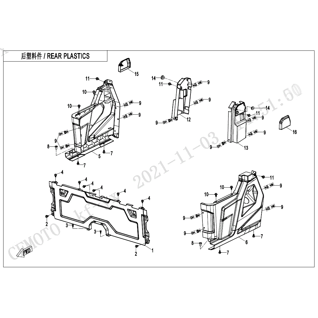 An Image of a Genuine CFMOTO Parts Schematic Diagram showing the schematic - REAR PLASTICS - 2022 CFMOTO UFORCE 1000 XL