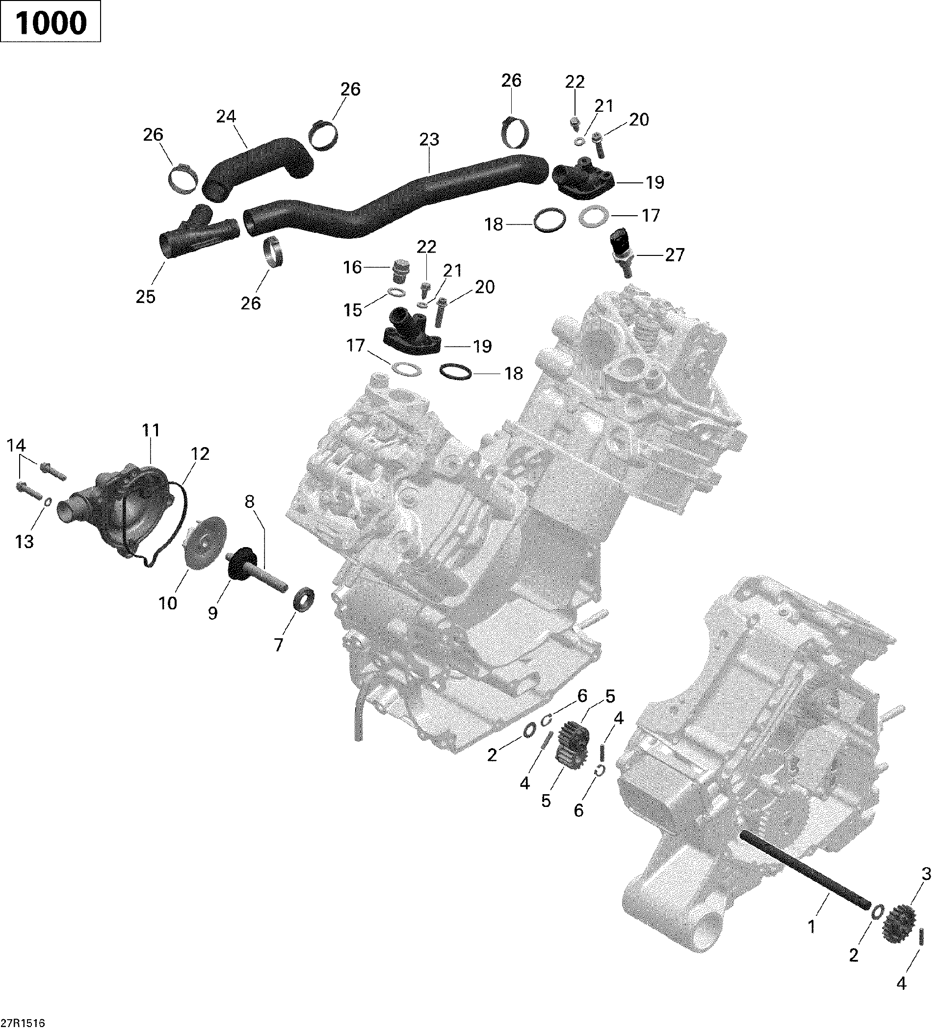 An Image of a Genuine Can-Am Parts Schematic Diagram showing the schematic - ENGINE COOLING _27R1516