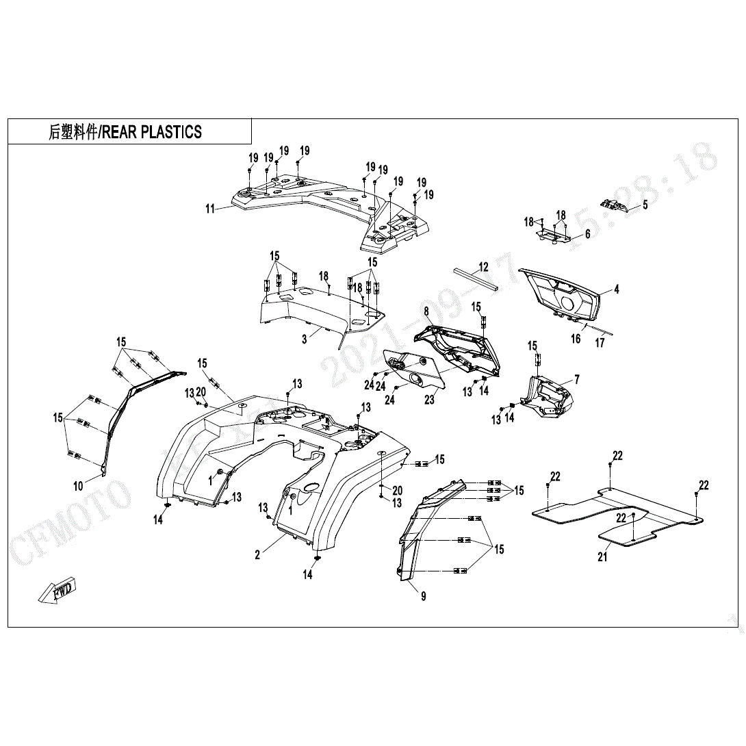 An Image of a genuine CFMOTO Parts Schematic Diagram showing the group - REAR PLASTICS - 2024 CFMOTO CFORCE 1000