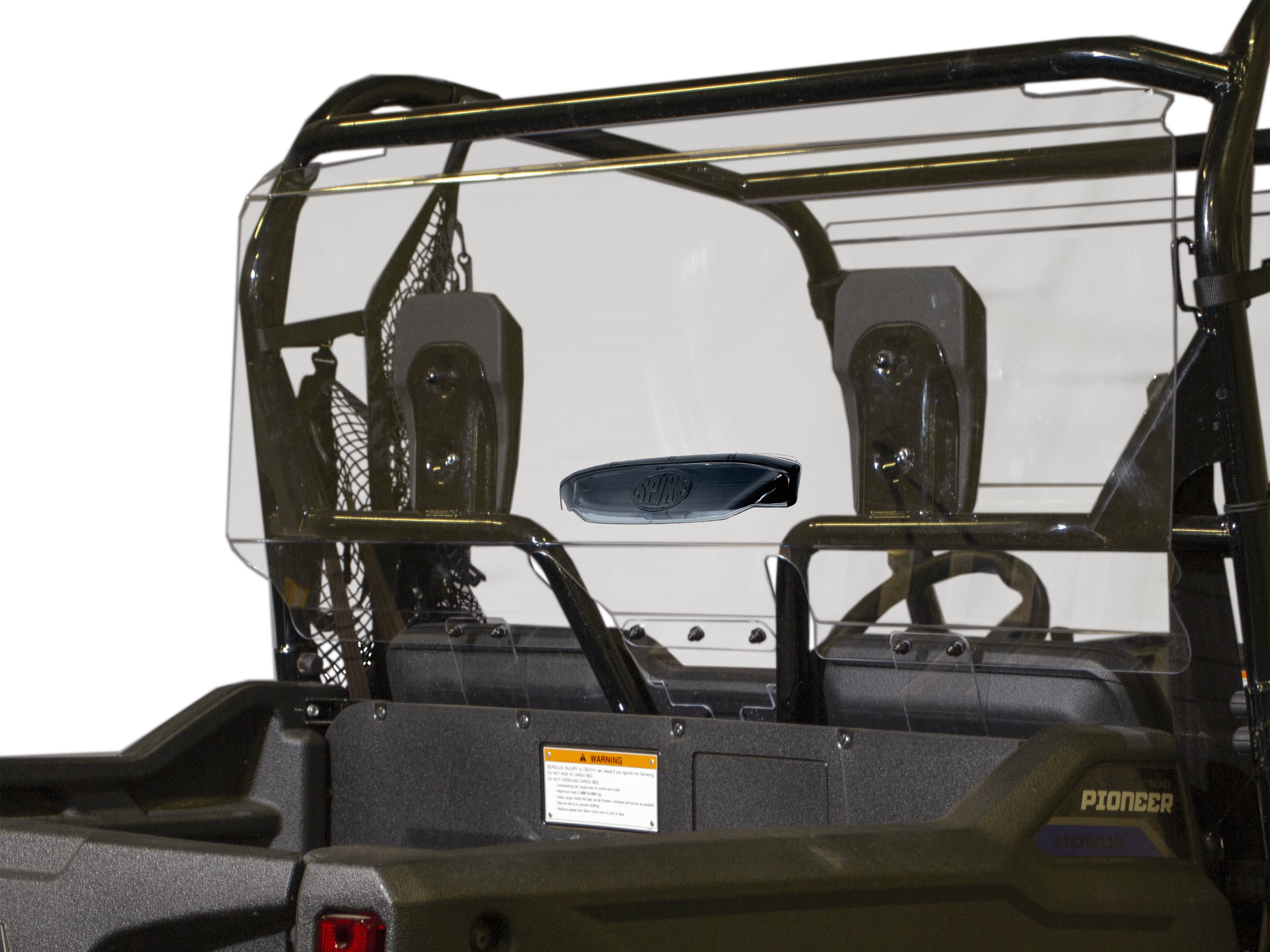The Honda Pioneer 700 Vented Rear Windshield by Spike installed on a black Honda Pioneer with two black seats, side safety netting, and a dark logo—ideal for added riding safety during any off-road adventure.