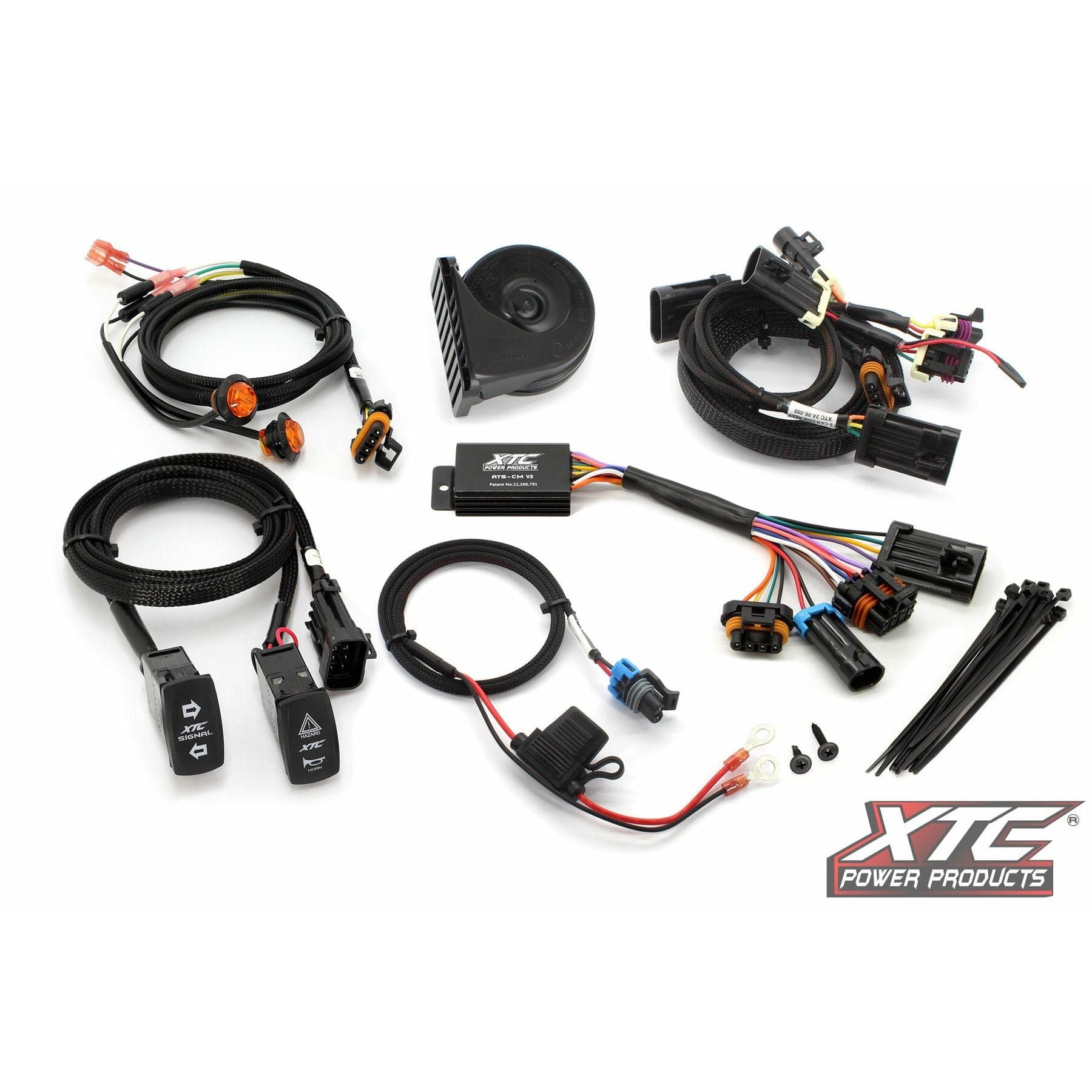The Self Canceling Turn Signal Kit W/Horn by XTC Power is shown on a white background with switches, harnesses, connectors, horn, zip ties, and billet turn lever. The XTC Power Products logo is visible in the lower right corner.