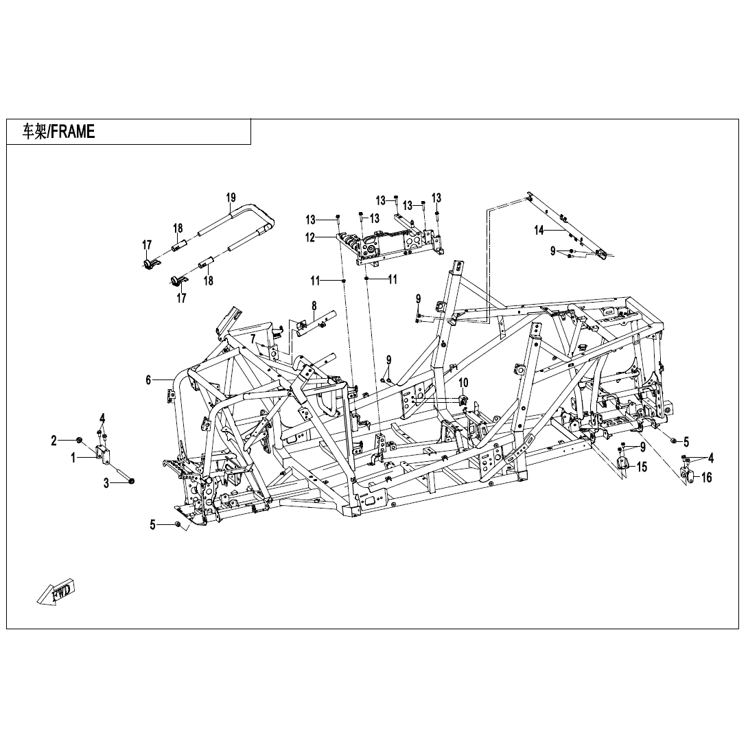 An Image of a Genuine CFMOTO Parts Schematic Diagram showing the schematic - FRAME - 2023 CFMOTO ZFORCE 950 Trail