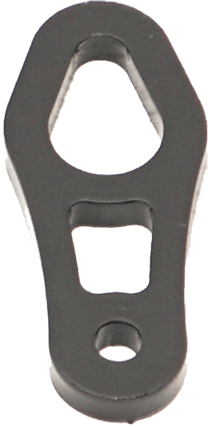 The Provantage II Hook Eyelet by Warn is a black, irregularly shaped metal bracket with three differently sized and shaped holes, shown against a transparent background.