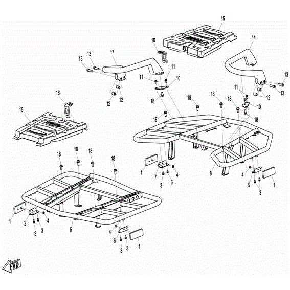 An Image of a genuine CFMOTO Parts Schematic Diagram showing the group - FRONT & REAR RACK - 2015 CFMOTO CFORCE 800 X8