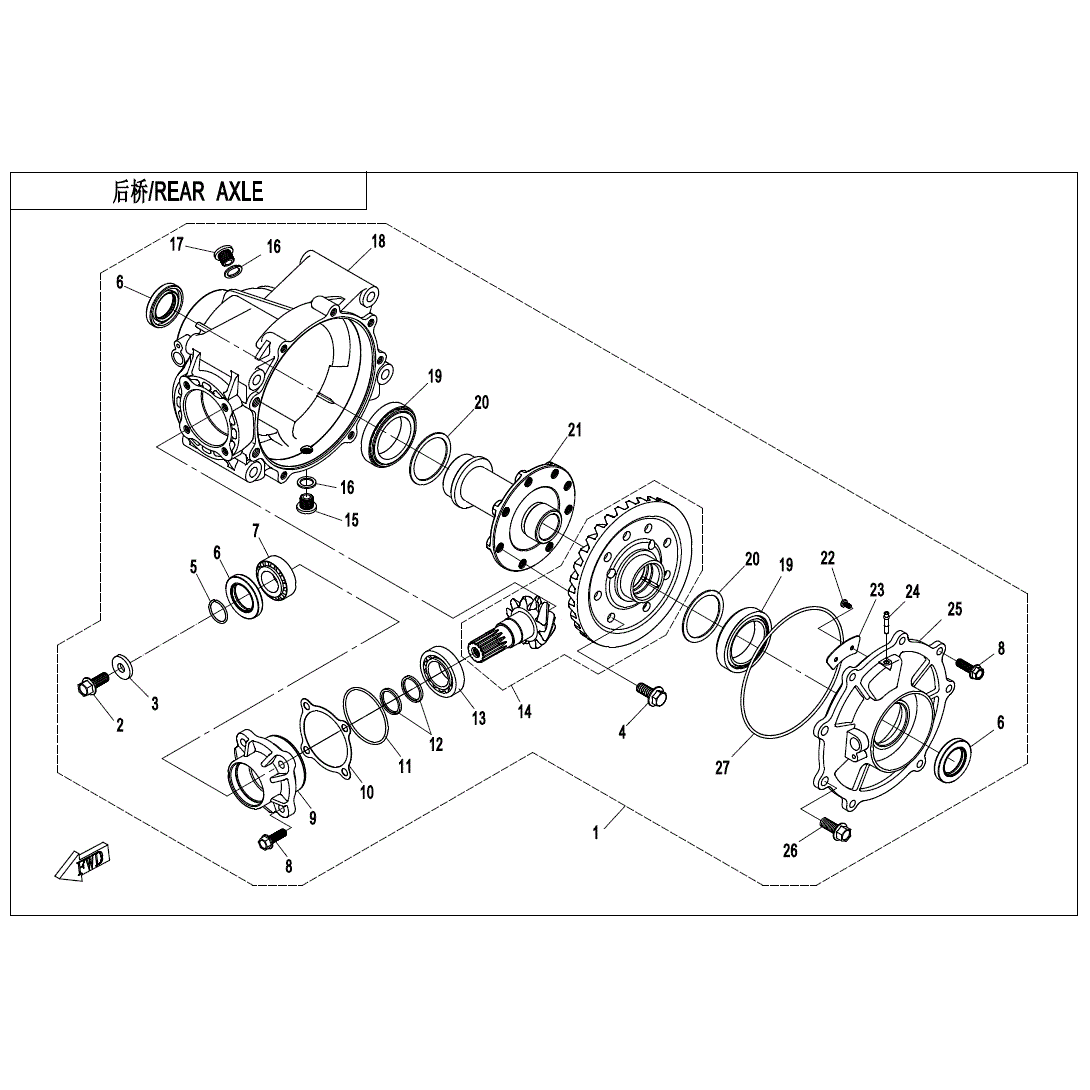 An Image of a Genuine CFMOTO Parts Schematic Diagram showing the schematic - REAR AXLE - 2020 CFMOTO UFORCE 800