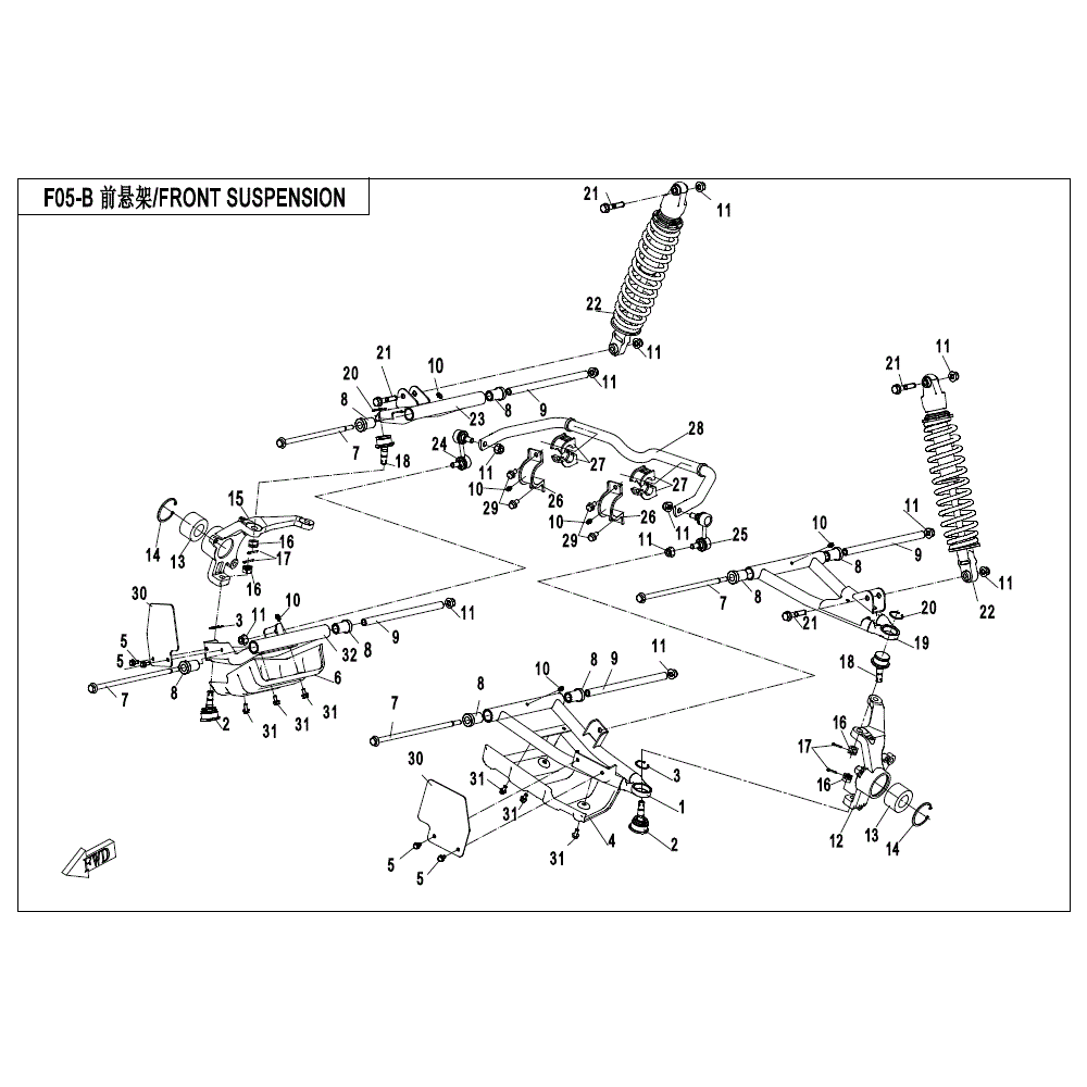 An Image of a Genuine CFMOTO Parts Schematic Diagram showing the schematic - FRONT SUSPENSION - 2022 CFMOTO UFORCE 800