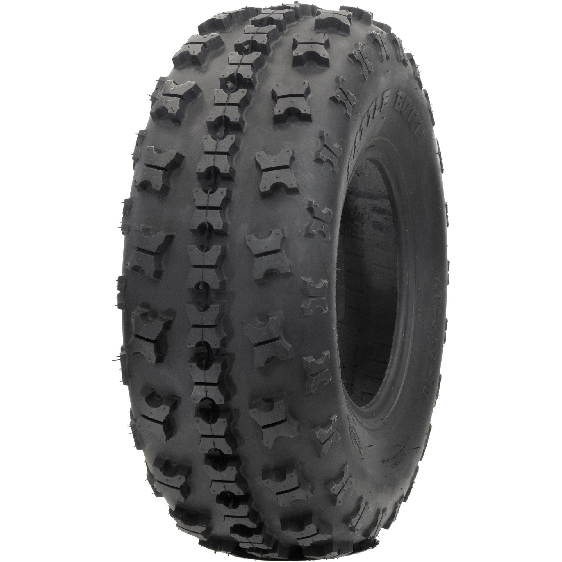 The GBC Tire Battle Born At23X8-10 is a large, black off-road tire with knobby tread and deep lugs for traction. Its 6-ply construction ensures durability, while embossed sidewalls display details—ideal for Youth UTV drivers.