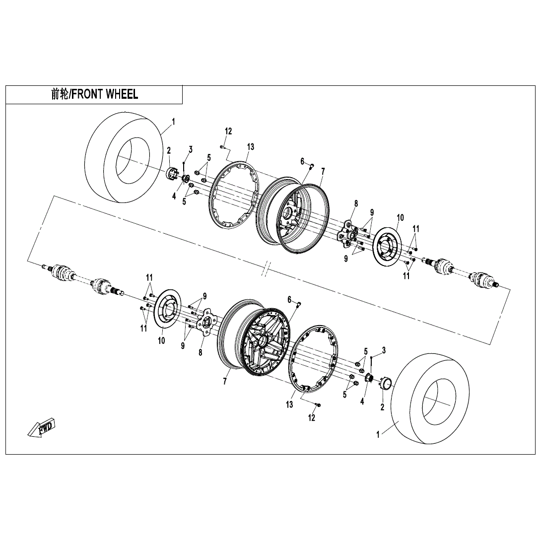 An Image of a genuine CFMOTO Parts Schematic Diagram showing the group - FRONT WHEEL (OVERLAND) - 2022 CFMOTO CFORCE 1000 Overland
