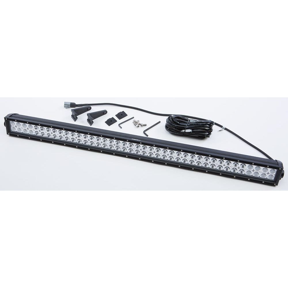 The Led Light Bar 41.5 by Open Trail, featuring IP67 waterproof LEDs and a black frame for offroad use, is shown with mounting brackets, screws, an Allen key, and a wiring harness on a white surface.