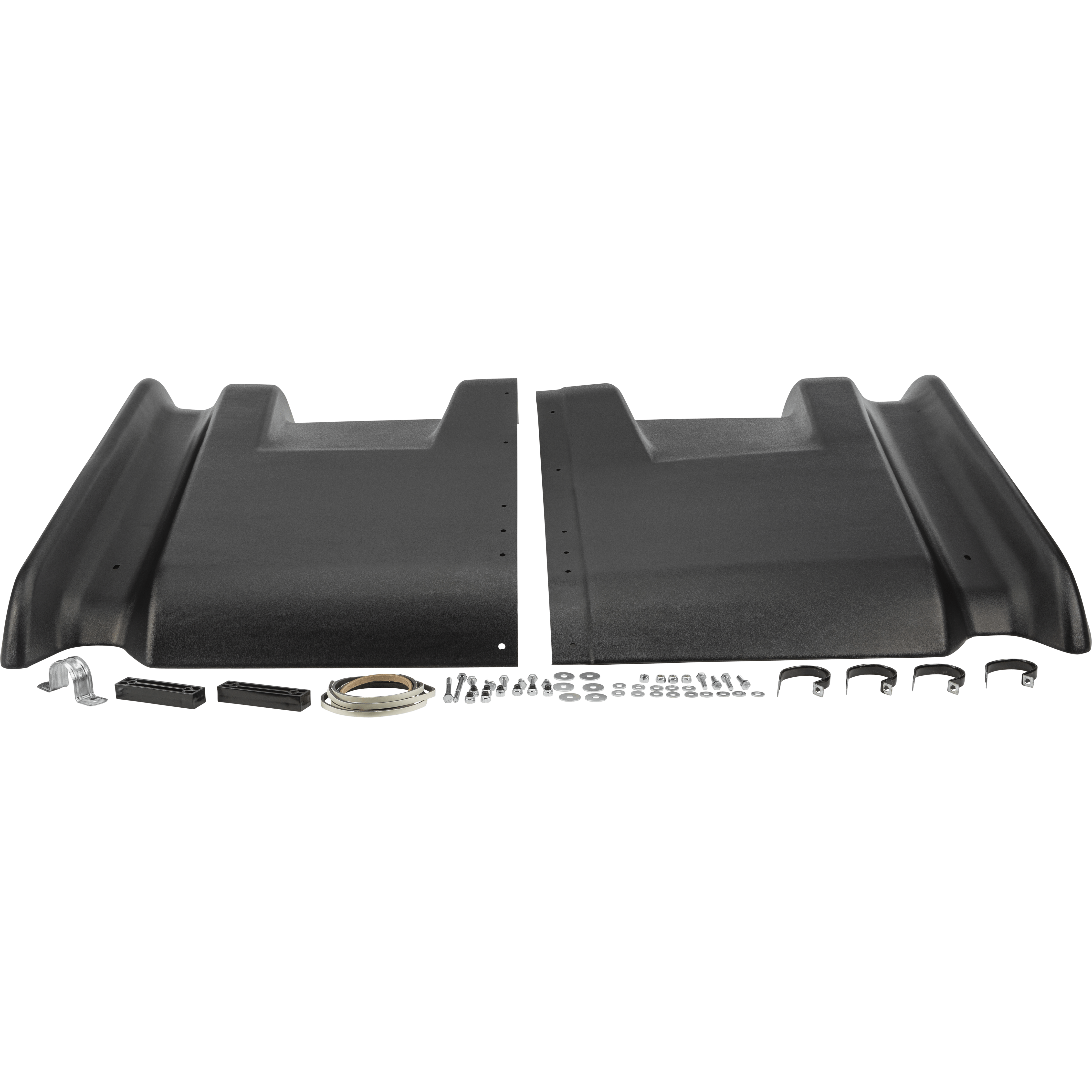 Two large black molded HDPE roof panels for the Honda Pioneer 700 UTV by Open Trail are side by side, edges aligned. Below them, galvanized steel clamps, bolts, brackets, washers, screws, and a sealant tape roll are neatly arranged for installation.