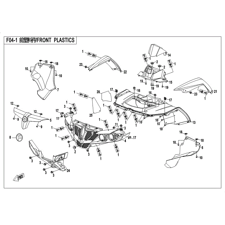 An Image of a genuine CFMOTO Parts Schematic Diagram showing the group - FRONT PLASTICS - 2018 CFMOTO CFORCE 500 HO
